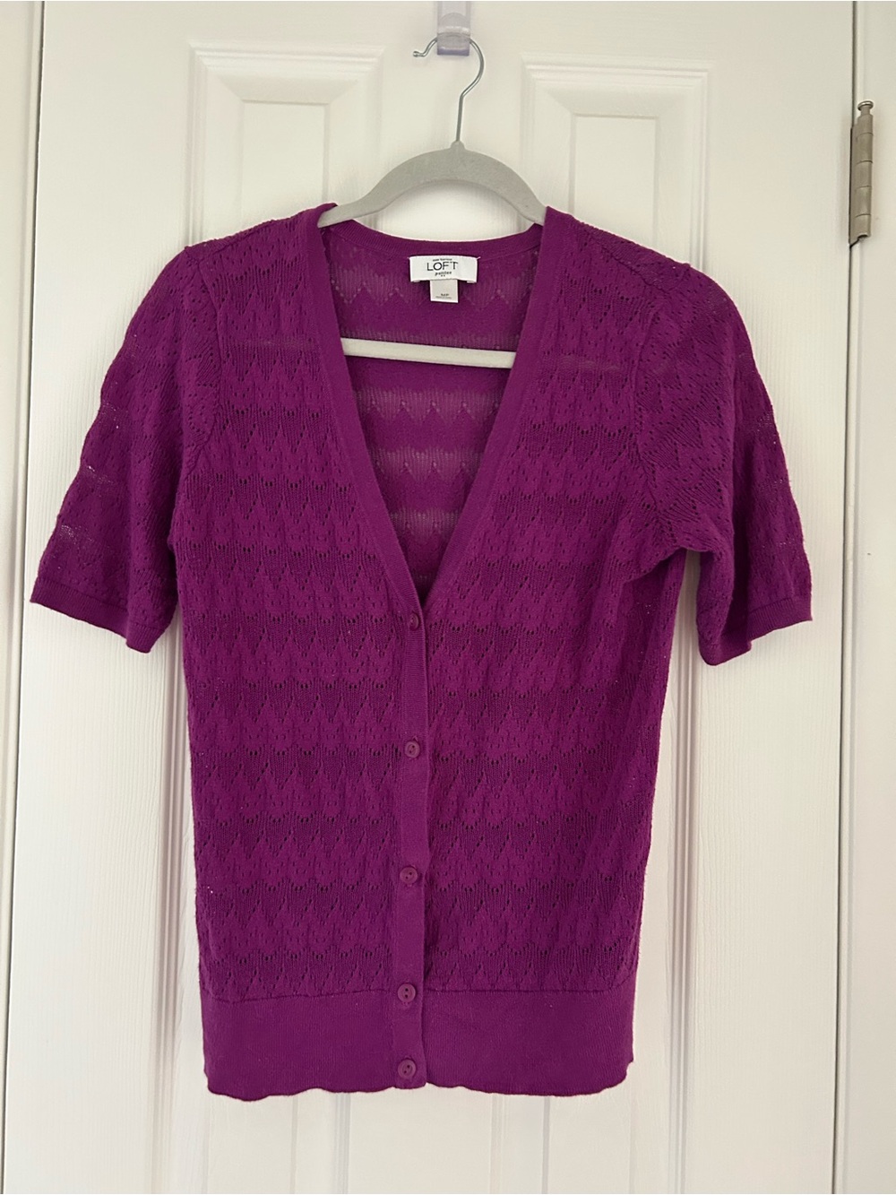 LOFT Short Sleeve Pointelle Cardigan - Magenta Purple